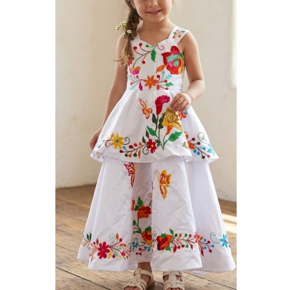 HFAGEMV Girls White Satin Floral Embroidered Charra Pageant Dress Size 4‎ NWT